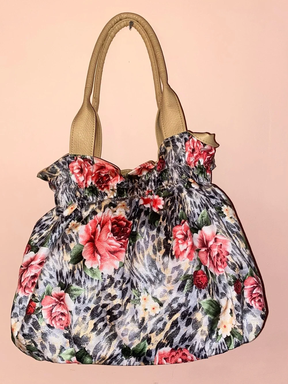 BUENO OF CA Floral Hobo Bucket Y2K Era Shoulder Bag Tan, Black & Pink/Red